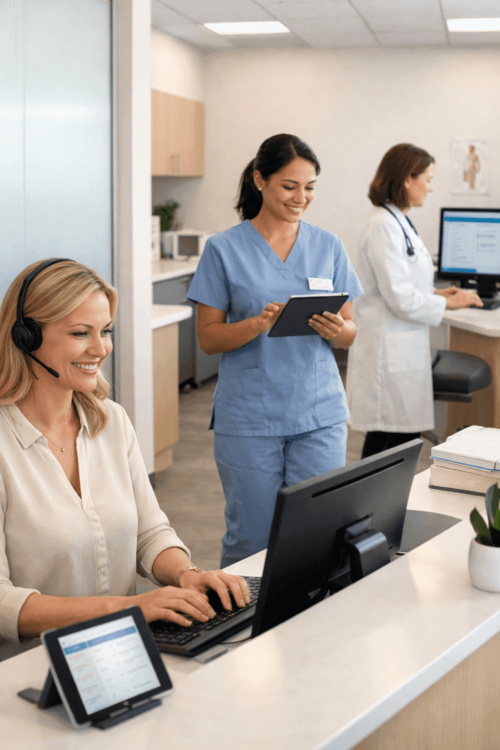 Healthcare team collaborating at clinic front desk