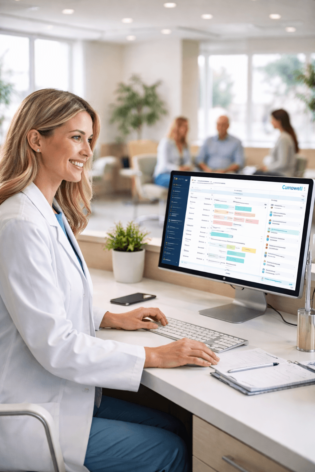 Doctor using Curowell patient management dashboard in clinic