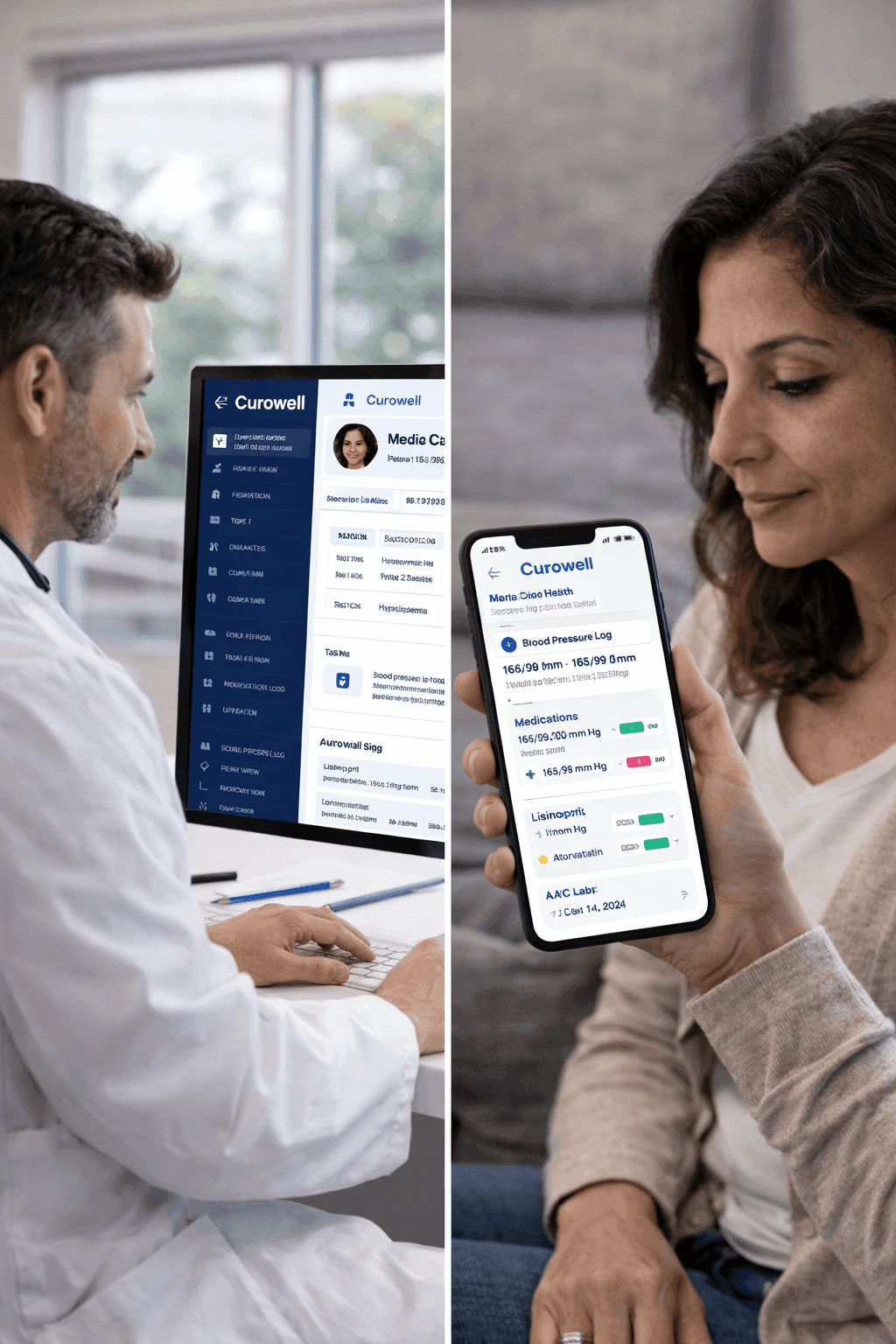 Curowell platform overview showing doctor dashboard and patient mobile app